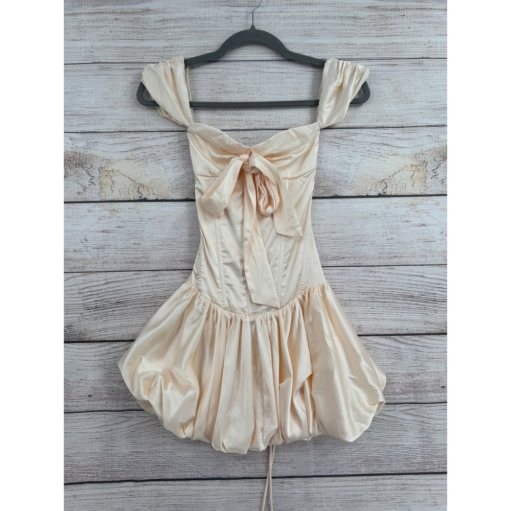 Outcast Remi Mini Dress Juniors XXS Ivory Corset Lace Up Bubble Hem Satin